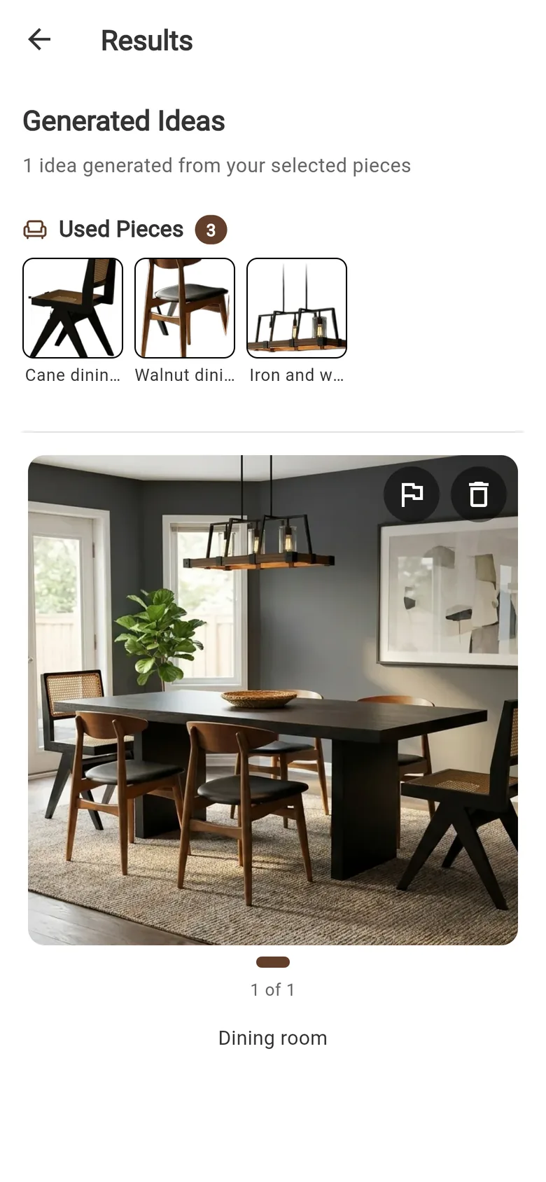 A Fuse result: the generated dining room, with the three pieces it used listed above it.
