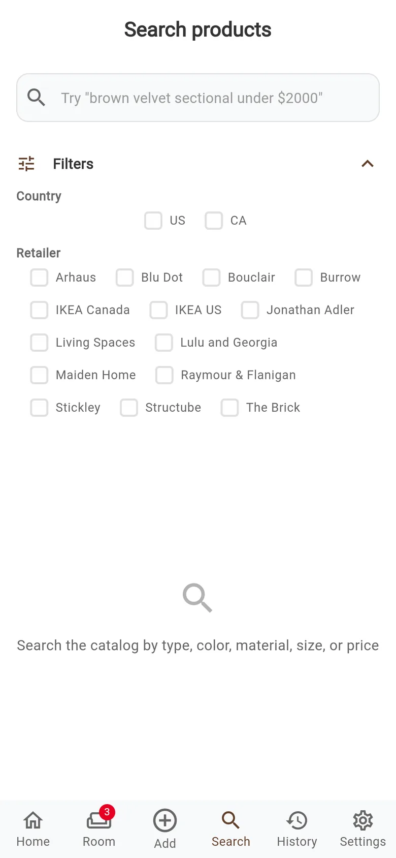 Fuse's Search screen, with filters for country and for each of the 14 retailers.