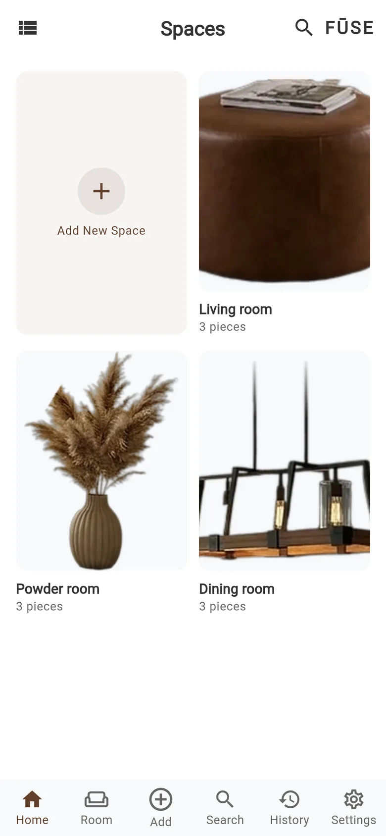 Fuse's Spaces screen: rooms the user is planning, each with the pieces saved to it.