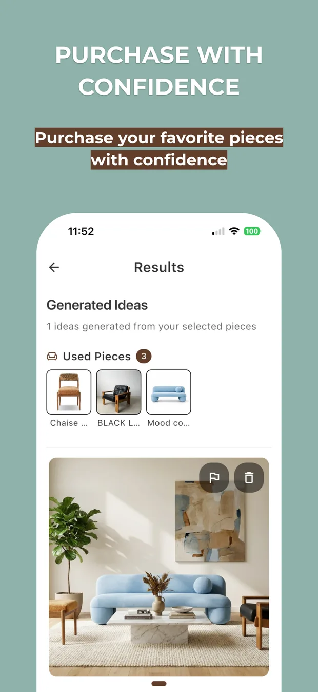 Fuse app showing an AI-generated room design from selected furniture pieces