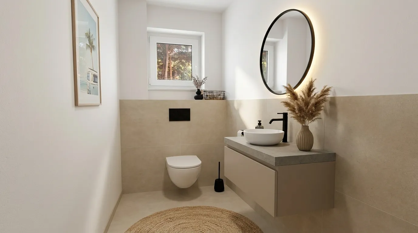 After: the same bathroom with a backlit round mirror, a floating vanity with a vessel basin, a pampas vase and a jute rug.