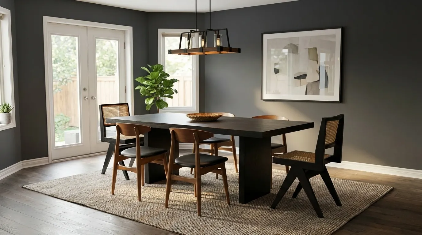 After: the same dining room with the table and walnut chairs, two cane chairs, a pendant light, a rug and art.