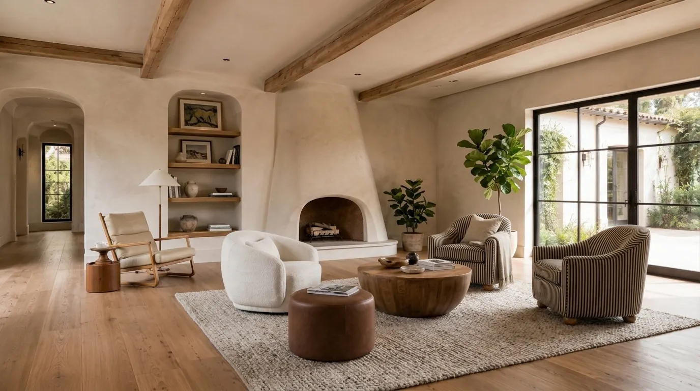 After: the living room furnished with the boucle chair, two striped armchairs, the leather pouf, a coffee table, a rug and plants.